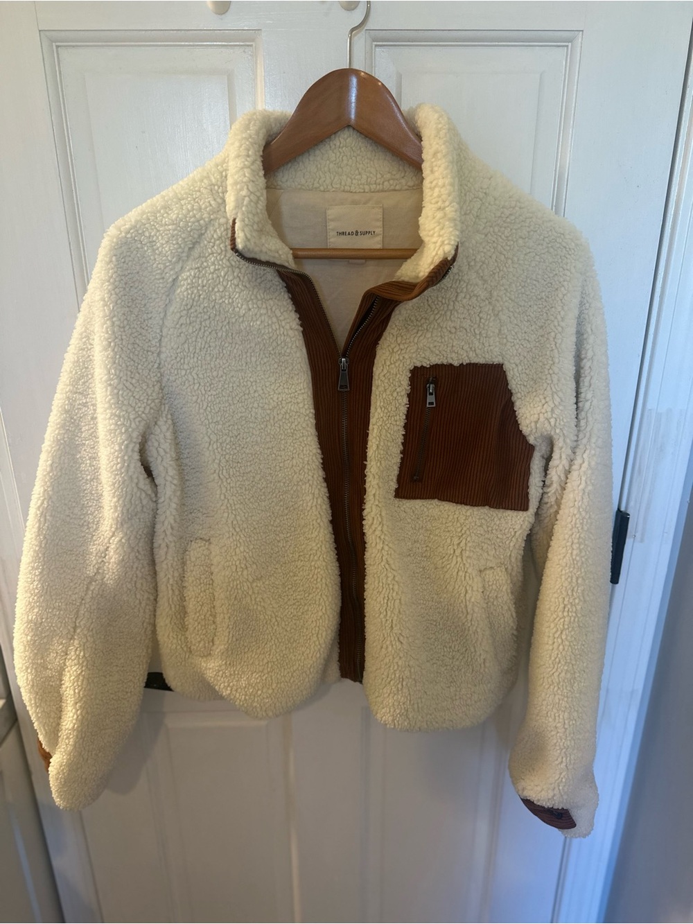 Thread & Supply Cream Sherpa Jacket with Brown Corduroy Trim